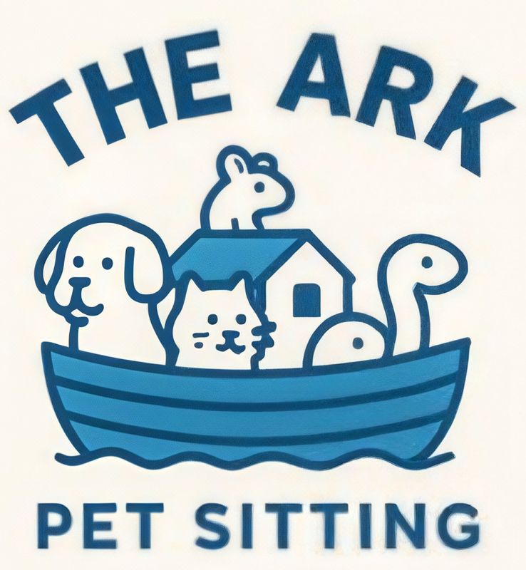 Blue line-art logo of a boat holding a dog, cat, rabbit, house, and sea creature above the words THE ARK PET SITTING.