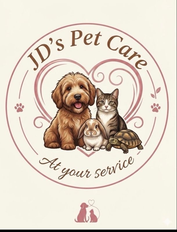 Circular logo with a heart, showing a brown dog, a tabby cat, a white rabbit, and a turtle above the words At your service.