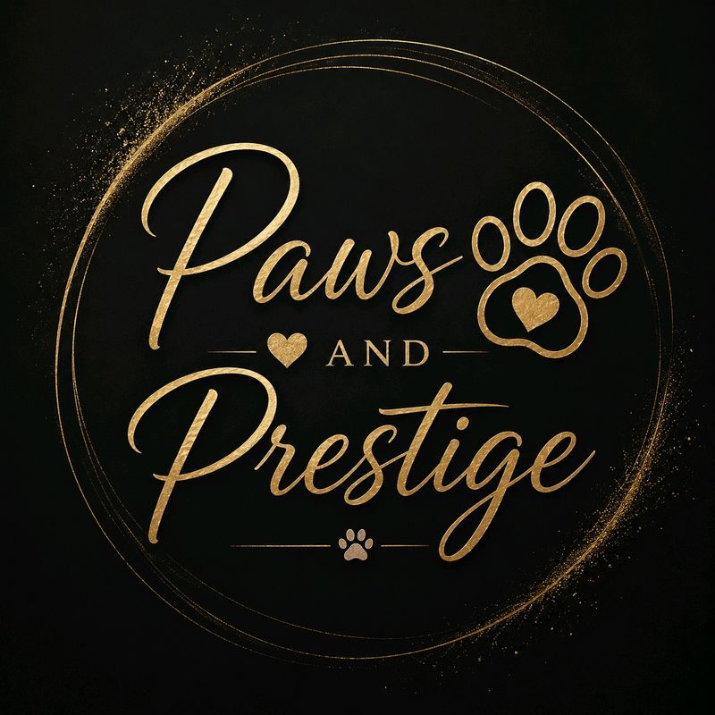 Gold script logo reading "Paws and Prestige" with a paw print and heart on a black background, framed by a thin gold circle.