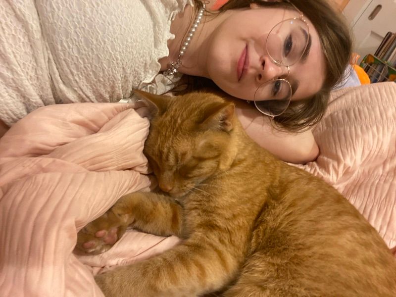 A person with round wire-rimmed glasses lies on pink bedding beside a sleeping orange tabby cat with its eyes closed.